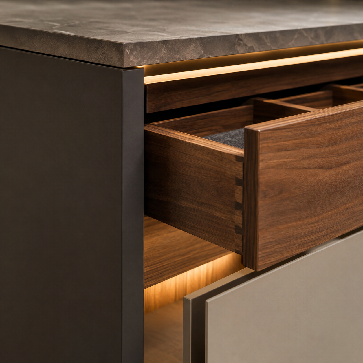 Detailed kitchen cabinetry showing refined Bin Haider workmanship